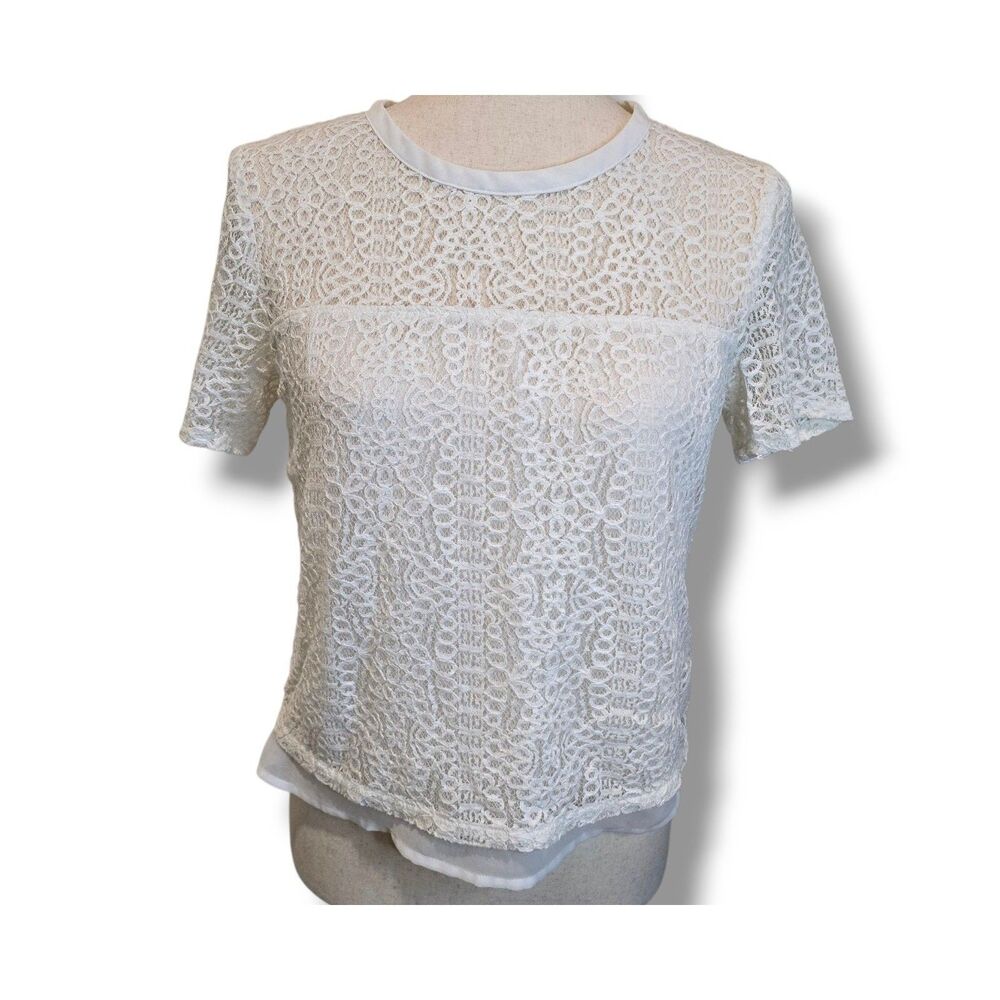 Armani Exchange Lace Baby Tee Off White Floral Sheer Top, Short Sleeve, Size S